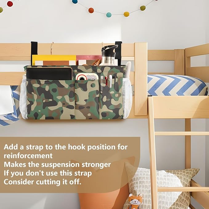Bedside Caddy Hanging Bunk Bed Caddy Bed Organizer Hanging Pocket with 2 Hooks Bedside Storage Organizer Pocket Bag Holder Camouflage Green