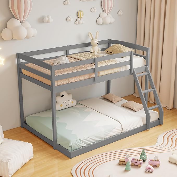 KOMFOTT Low Bunk Bed Twin Over Full, Solid Wood Twin Bed Frame with Built-in Ladder & Safety Guardrails, Space-Saving Low Bunk Bed for Kids, Teens, No Box Spring Needed