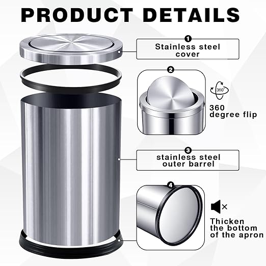 Maxdot 2 Pcs Silver Bathroom Trash Can with Flipping Lid 2.4 Gallon/9 L and Toilet Brush Set, Small Stainless Steel Garbage Trash Can Toilet Cleaner Brush Wastebasket Bin for Bathroom Bedroom Office