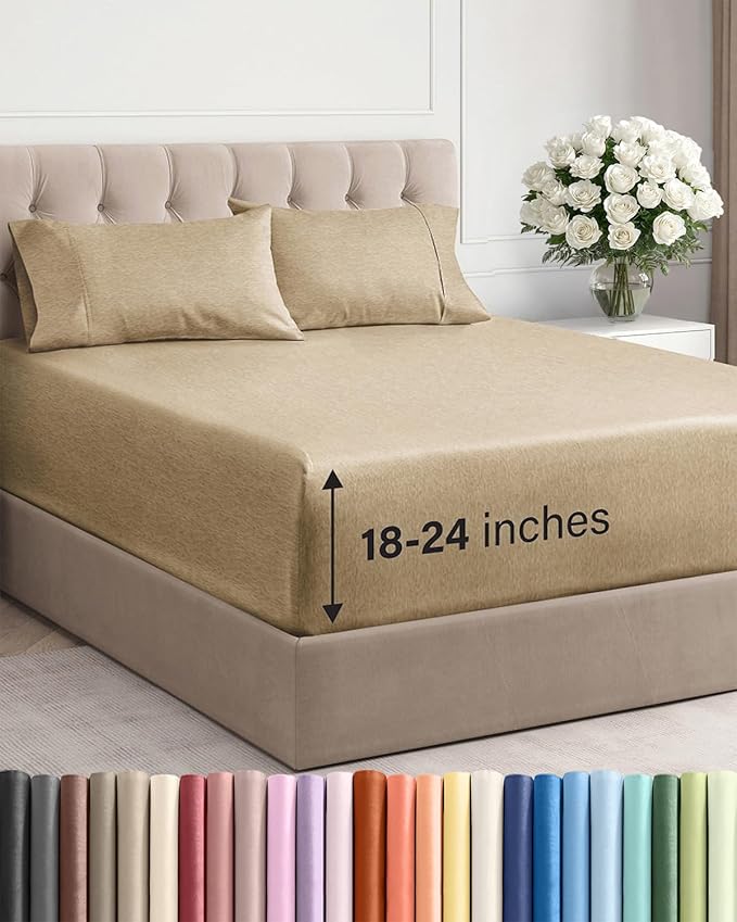 Extra Deep Twin XL Sheet Set - 4 Piece Breathable & Cooling Sheets - Hotel Luxury Bed Sheets Set - Easy Fit - Soft, Wrinkle Free & Comfy Sheets Set - Heathered Tan Sheet Set with Extra Deep Pockets