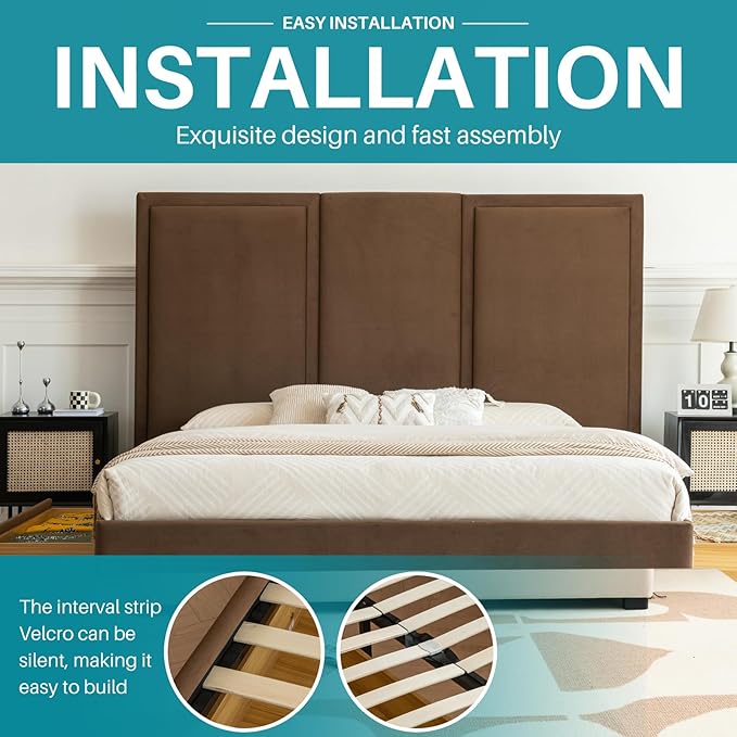 YUHUASHI King Size Bed Frame with 64-inch High Headboard, Simple and Airy Linen Upholstered Platform Bed with Storage Drawers, Wood Slat, No Noise (Brown, King)