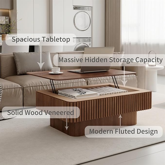 LKTART Lift Top Coffee Table for Living Room, Accent Fluted Coffee Table with Storage, Modern Solid Wood Veneered Rectangle Center Tea Table for Small Space Apartment (38.6''D×14''H-Walnut)