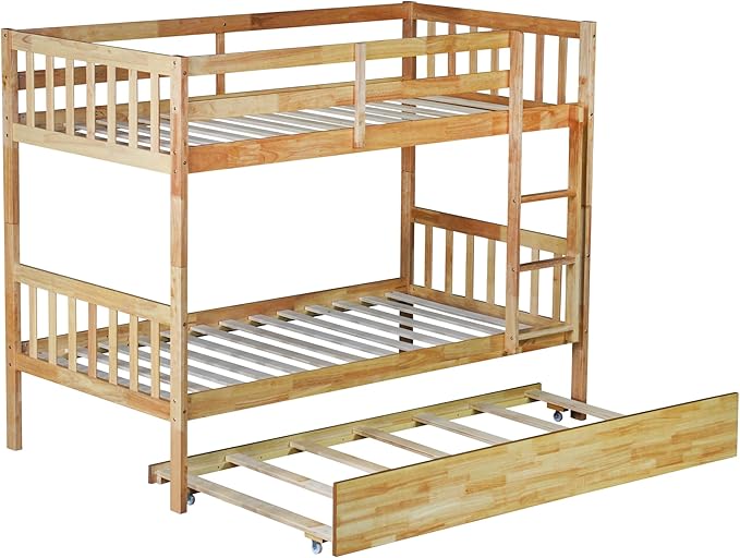 Bellemave Twin Over Twin Bunk Bed with Trundle,Convertible Bunk Beds with Ladder & Safety Guardrails,Twin Size Trundle Bunk Beds for Kids Girls Boys,Natural