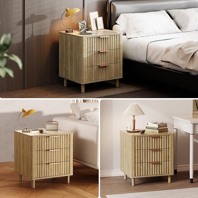 Fluted Nightstand with Charging Station, Multifunctional 3 Drawers Storage Bedside Table, Solid Wood Modern Nightstand, Curved Profile Design, End Table for Indoor Room Bedroom Office, Oak