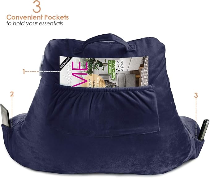 Nestl Reading Pillow with Shredded Memory Foam, Designed for Sitting Up in Bed and Couch, Back and Arms Adjustable Support for Adult & Teens Backrest Pillows for Reading, with Washable Cover Navy Blue