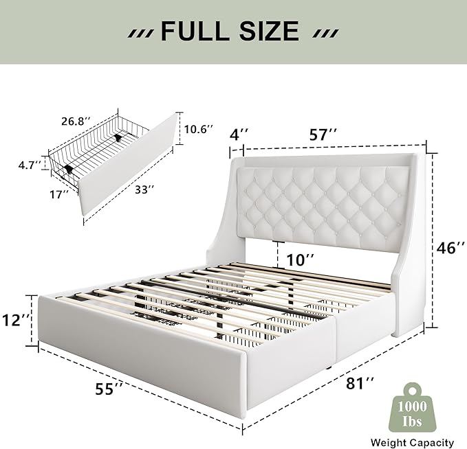 Feonase Upholstered Full Size Bed Frame with 4 Storage Drawers, Charging Station, Tufted Wingback Storage Headboard, No Box Spring Needed, Easy Assembly, White