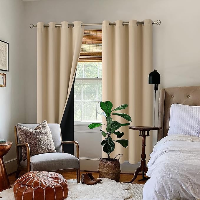 BGment Thermal Insulated 100% Blackout Curtains for Bedroom with Black Liner, Double Layer Full Room Darkening Noise Reducing Grommet Curtain (52 x 84 Inch, Beige, 2 Panels)