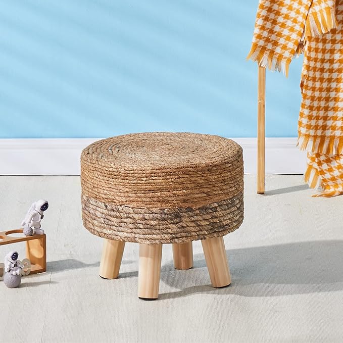 Wimarsbon Round Foot Stool Natural Seagrass Poufs Ottoman Hand Weave Footrest Stool for Couch Desk Extra Seat Step Stool with Solid Wood Legs for Hallway Patio Lounge Brown