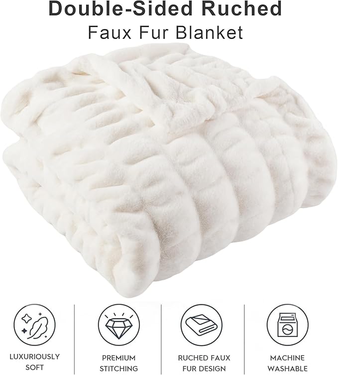 BATTILO HOME Cream Faux Fur Throw Blanket for Bed, Large Double Side Ruched Rabbit Fur Blanket for Couch, Bed, Super Soft Cozy Mink Blanket, 60"x80"
