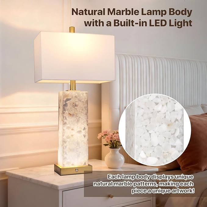 2-Pack 25.6" Alabaster Lamps, Marble Lamp Nightstand Lamps Set of 2, 3-Color Temperatures Bedside Lamps with Nightlight, Modern Table Lamp with USB Ports for Living Room Bedroom Hotel, Bulbs Included