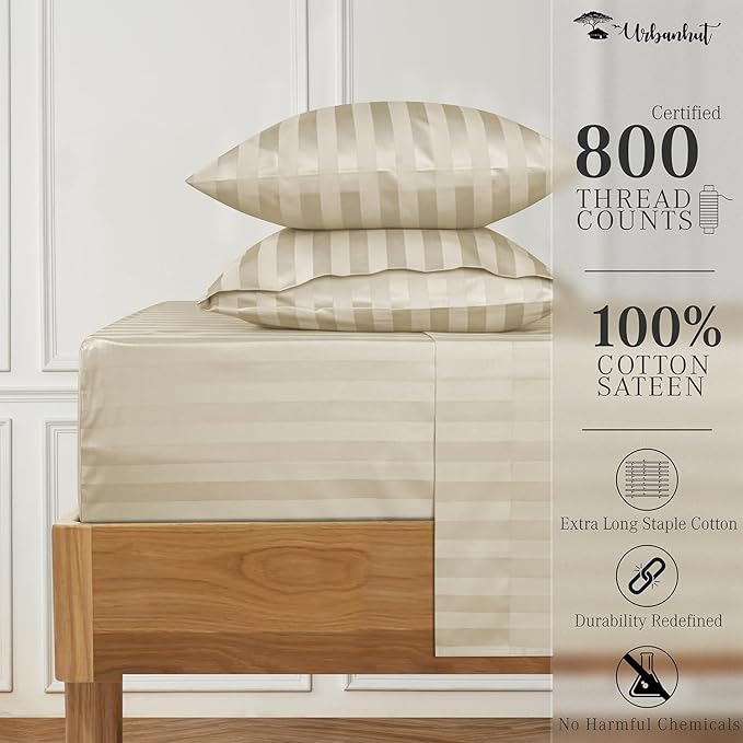 URBANHUT 800 Thread Count 100% Cotton Damask Queen Size Sheets, 4 Piece Striped Queen Size Bedsheets, Luxury Hotel Sheets Sateen Weave - Better Than Egyptian, 16" Elasticized Deep Pocket- Ivory
