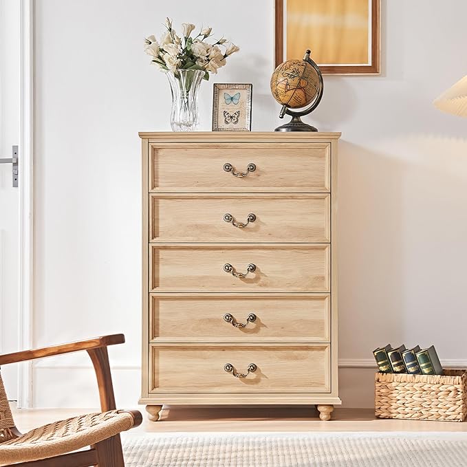 24" Wide Farmhouse Nightstand with Charging Station Set of 2, 45" Tall Rustic Chests of 5 Drawers w/ 4 Solid Wood Feet, Farmhouse Furniture Series for Living Room,Bedroom,Wood