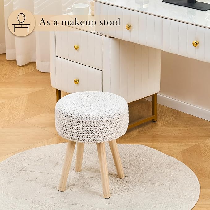 LGENHOOM Cotton Knitted Ottoman Round Footstool Vanity Stool Modern Stool Ottoman Footrest Stool with Non-Skid Wood Legs for Living Room Bedroom White