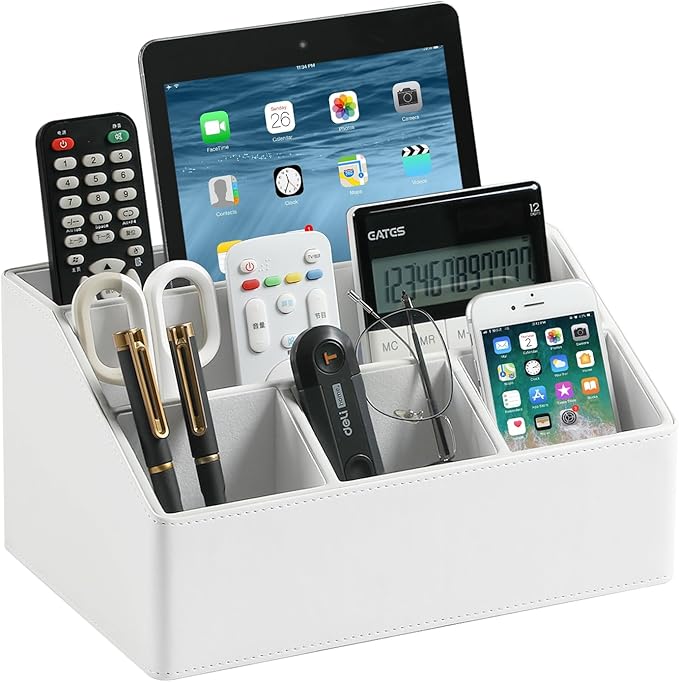MEIBOOCH PU Leather Desk Organizer, Luxury Remote Control Holder for Home, Office Desk Accessories Table Caddy Bedside Nightstand Organizer (White)