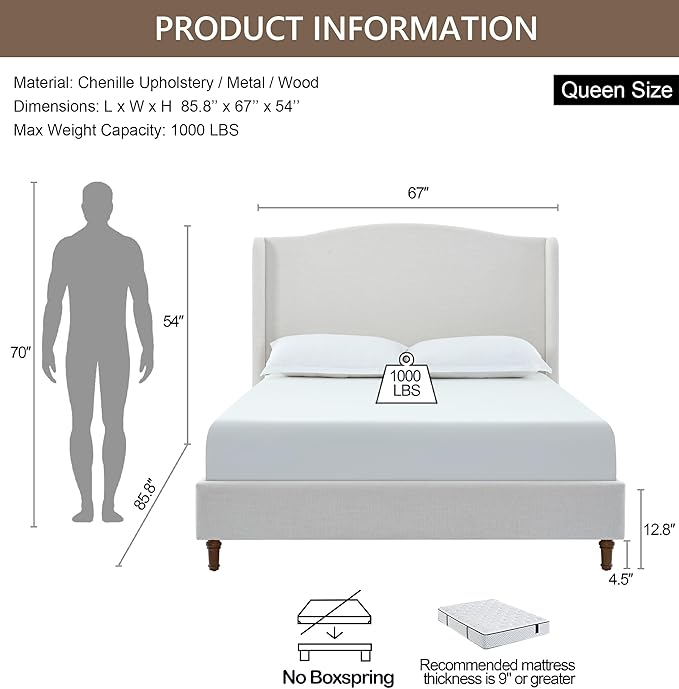 Queen Size Bed Frame with 54" Extra Tall Headboard - Luxury Chenille Upholstered Wingback Platform Bed, 1000lbs Heavy Duty, No Box Spring Needed(Ivory White Chenille Camelback,Queen)