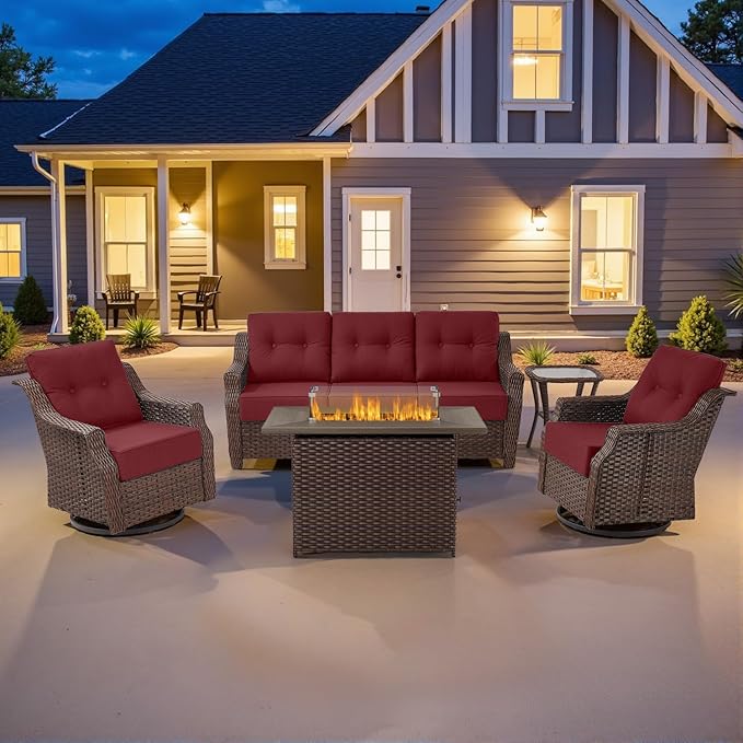 Belord Luxury Wicker Patio Furniture Set with 41” Fire Pit Table - Swivel Rocker Glider Outdoor Chairs with Sofa and Glass Top Side Table, All-Weather Removable 6" Red Seat Cushion for Patio Evenings