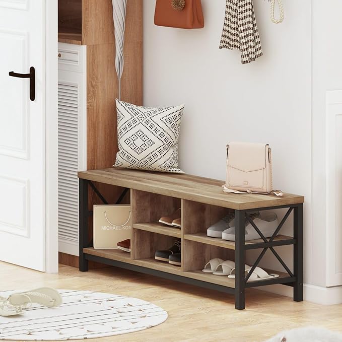 FATORRI Shoe Bench Entryway with Storage, Industrial Wood and Metal Hallway Benches with Adjustable Shelves, Rustic Entry Way Bench for Living Room (47.24 Inch Long, Rustic Oak)