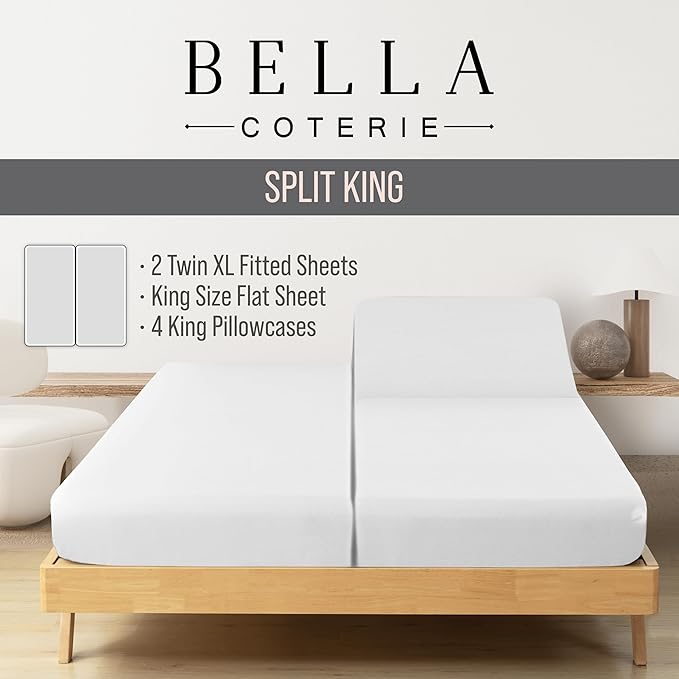 Bella Coterie 7 Piece Luxury Bamboo Viscose Split King Size Sheet Set | 2 Fitted Sheets for Adjustable Beds | 100% Organically Grown | Cooling for Hot Sleepers | 4 Pillowcases [White]