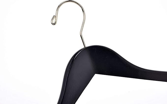 Quality Black Wooden Skirt Hangers with Clips, 20-Pack Smooth Solid Wood Pants Hangers with Durable Adjustable Metal Clips, Swivel Hook, Coat, Jacket, Blouse Suit Hangers (Black-Gold Hook, 20)