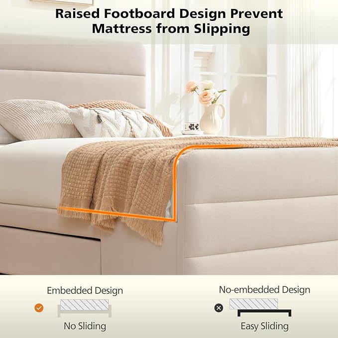 VELOCAVA Full Size Upholstered Platform Bed Frame with Storage Drawers, Tall Headboard and Footboard, Modern Fabric Bed with Slatted Support, No Box Spring Needed, Space-Saving Design for Bedroom