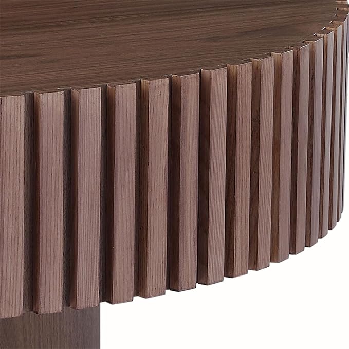 LKTART Round Coffee Table for Living Room, Accent Fluted Drum Coffee Table with Storage, Modern Solid Wood Circle Center Tea Table for Small Space Apartment (31.5''D×14''H-Walnut)