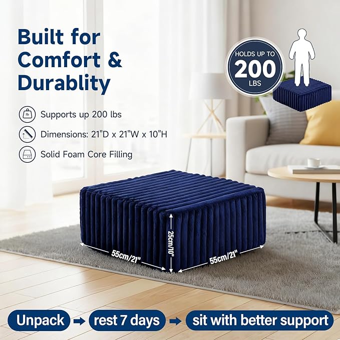 Tiita Suqre Stuffed Pouf Ottoman, Stripe Poufs 21×21×10 inch with Foam Chunk Filling, Floor Bean Bag Floor Chair Storage for Living Room Bedroom Home Decor, Navy Blue