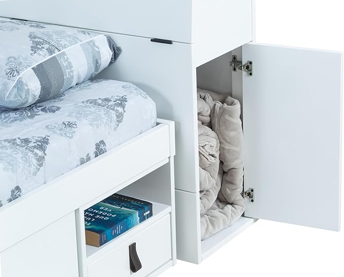 memomad Bali Set: Storage Platform Bed with Drawers + Bookcase Headboard (Twin Size, White Wood)