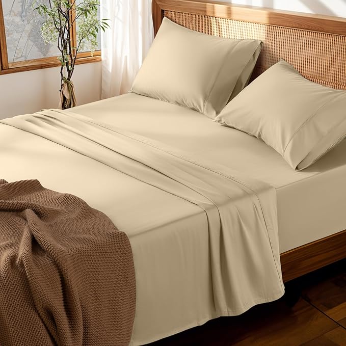 LBRO2M 100% Cotton Sheets Set Deep Pocket 19", 1000 Thread Count Full Size 4 Piece Bed Sheet Sets Soft Comfortable Bedding All Season (Full, Linen)