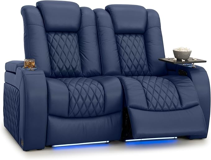 Seatcraft Diamante Zero-Gravity CoolZero Italian Leather Home Theater Seating, Power Headrest, Power Recline, Row of 2 Loveseat, Navy Blue