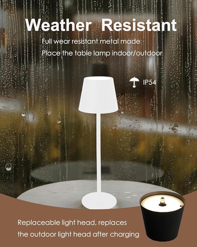 Cordless Table Lamp, Rechargeable Table Lamp with Touch Dimmable Control, Portable LED Desk Lamp for Indoor Patio (White-Round, 2)