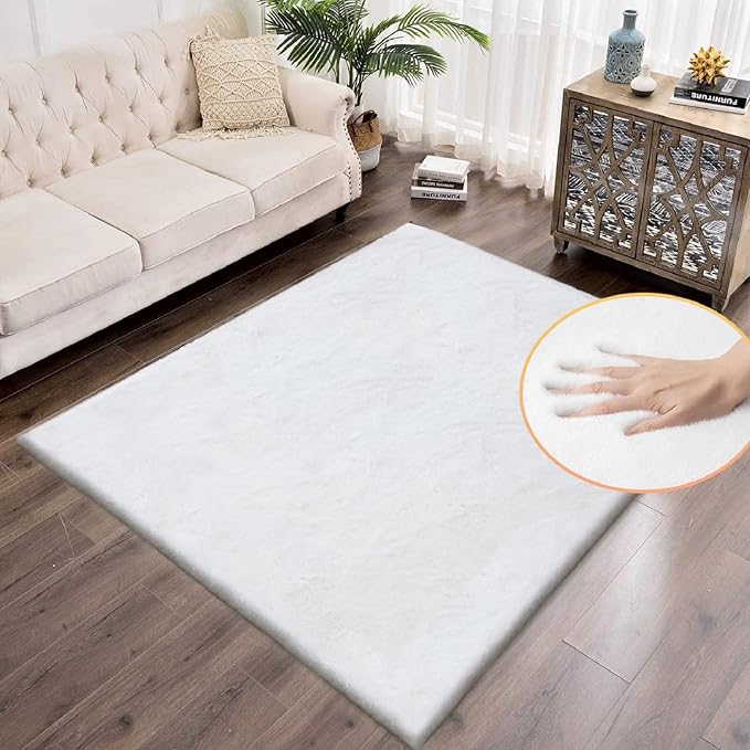 White Faux Fur Rug 5x8 Rugs for Living Room Shag Washable Area Rug Fuzzy Rugs for Bedroom Girl Room Decor Rectangle Rug