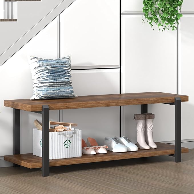 FOLUBAN Entryway Bench with Shoe Storage, Modern End of Bed Bench, Wood and Metal Entry Bench for Hallway Front Door Entrance, Industrial Indoor Bench for Bedroom Living Room, Rustic Walnut, 47 Inch