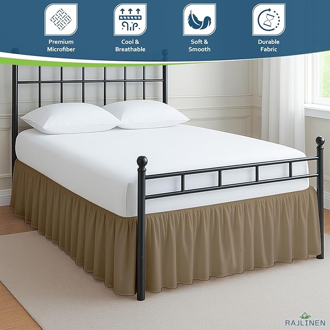 Rajlinen Ruffled Bed Skirt Twin, 24 Inch Drop Dust Ruffle with Split Corners, 100% Microfiber Bedskirt with Platform, Three-Sided Coverage Ruffled Gathering Design, Taupe