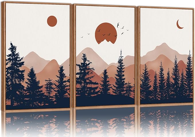 YeeHomedec Large Boho Mountain Framed Canvas Wall Art, Mid Century Modern Wall Decor, Nature Sunset Landscape Art Painting, Wood Pine Trees Artwork for Living Room Bedroom Office Farmhouse 16"x24"x3