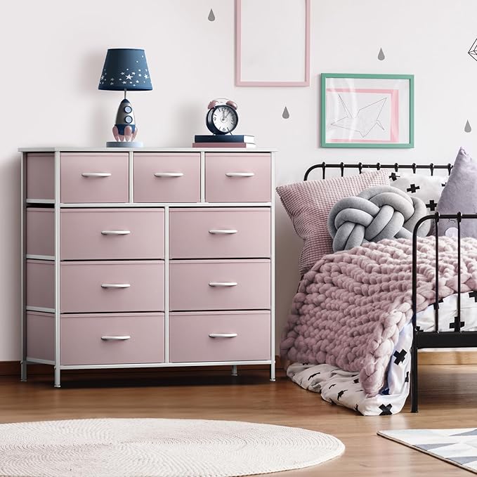 Sorbus Dresser with 9 Drawers - Furniture Storage Chest Tower Unit for Bedroom, Hallway, Closet, Office Organization - Steel Frame, Wood Top, Fabric Bins (Solid Pink, Solid)