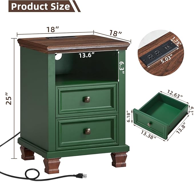 SAVOR LIFE Farmhouse Nightstand with Charging Station, Rustic Green Nightstand,2 Drawers End Table for Living Room,Bedside Table with Open Shelf for Bed Room,Green