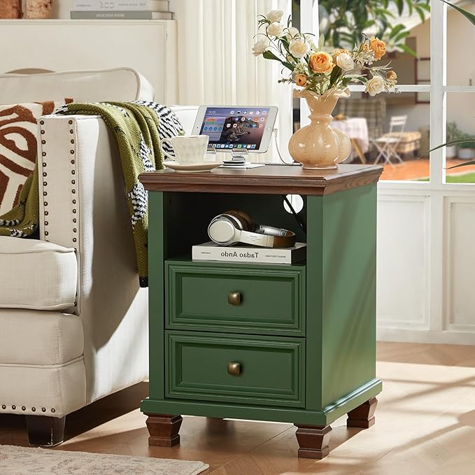 SAVOR LIFE Farmhouse Nightstand with Charging Station, Rustic Green Nightstand,2 Drawers End Table for Living Room,Bedside Table with Open Shelf for Bed Room,Green