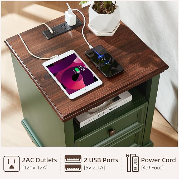 SAVOR LIFE Farmhouse Nightstand with Charging Station, Rustic Green Nightstand,2 Drawers End Table for Living Room,Bedside Table with Open Shelf for Bed Room,Green