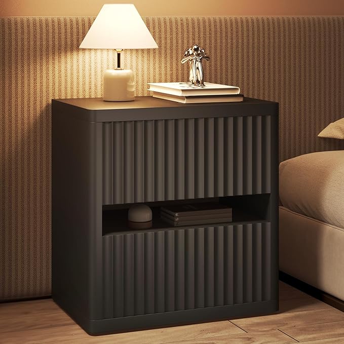 Dripex Fluted Nightstand with 2 Drawers, Large Wide Wood Night Stand Bedside Tables for Bedroom, Mid-Century Modern Storage Bed Side Table, End Tables for Living Room Sofa Couch, Black, Set of 2