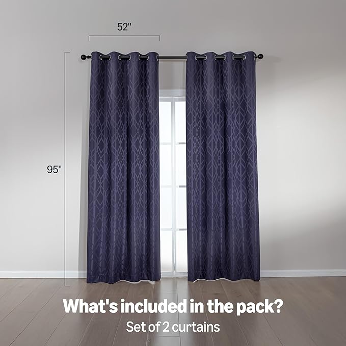 Amazon Basics Jacquard 2-Piece 100% Blackout Curtains, Living Room and Bedroom Drapes, Thermal Insulated Window Treatment, 52"x95", Dark Blue