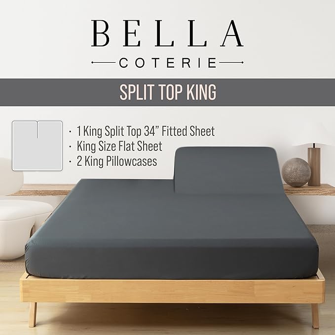 Bella Coterie Luxury Bamboo Viscose 34” Split Top King Size Sheet Set | 1 Fitted Sheet for Sleep Number & Adjustable Beds | 100% Organically Grown | Cooling & Soft | 18” Deep Pocket [Charcoal Grey]