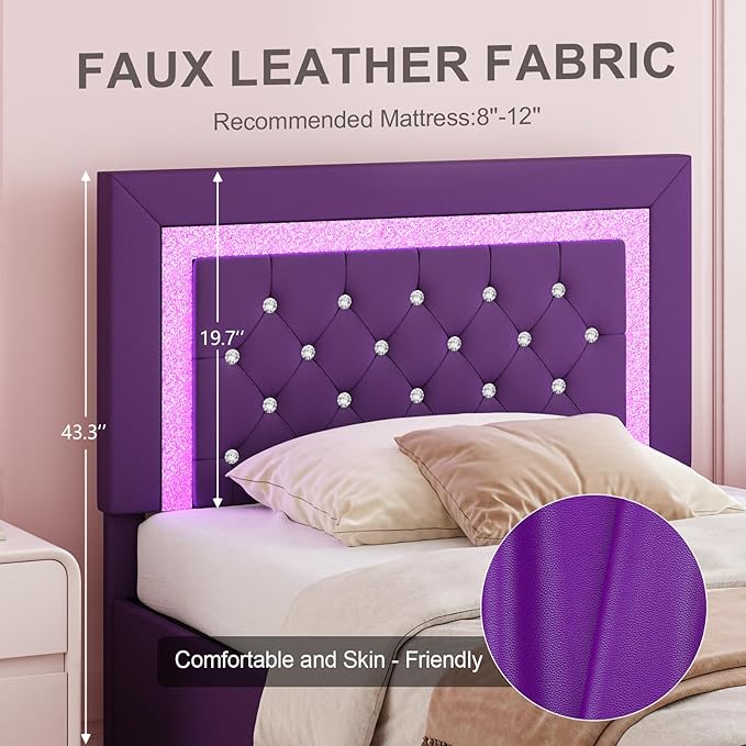 Twin Bed Frames with Storage Drawers and LED Lights, Upholstered Bed with Crystal Tufted Headboard, Princess Platform Bed with Wooden Slats Support, No Box Spring Needed, Purple