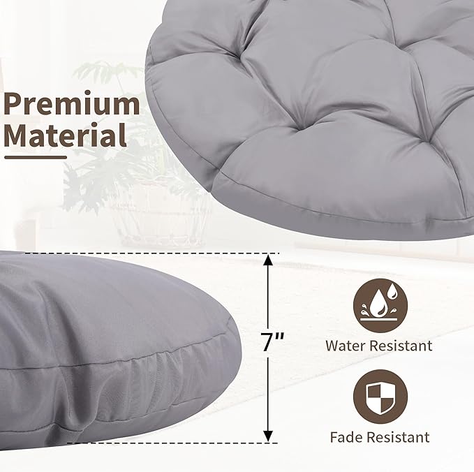 46" Giant Oversized Rattan Papasan Chair with Cushion and Frame for Adults, Fluid 360° Swivel, Waterproof, Grey Frame with Light Grey Cushion