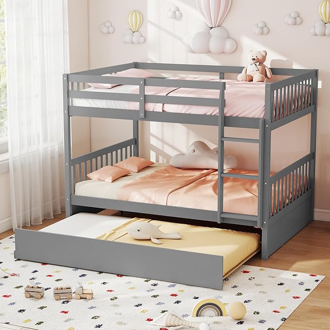 KOMFOTT Wood Full Over Full Bunk Bed with Trundle, Wooden Bed Frame with Ladder, Solid Wood Frame & Safety Guardrails, Space-Saving Bunk Bed for Teens & Adults, No Box Spring Needed