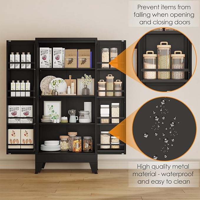 47" Kitchen Pantry Cabinet, Metal Storage Cabinet with 3 Adjustable Layer Shelves, 8 Door Shelves, Buffet Sideboard for Living Room, Kitchen, Black
