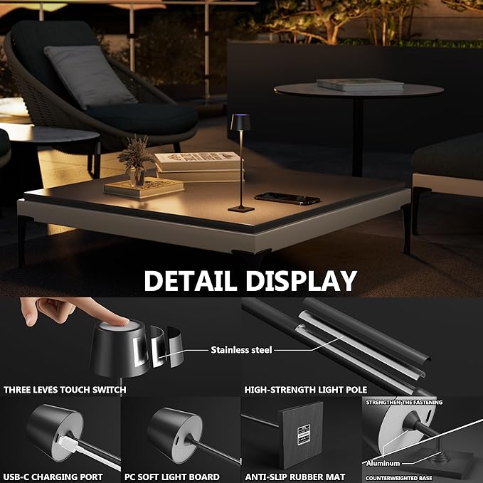 Modern LED Color-Changing Cordless Table lamp, 7 Colors, metal Shade, Touch control with sleep mode for Restaurant, Bedroom, Outdoor Camping, Coffee Shop, Night Light, Rechargeable (Black 1pack)
