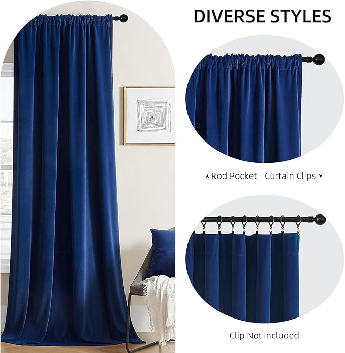 Joydeco Blue Velvet Curtains 102 inch Length 2 Panels, Luxury Blackout Rod Pocket Thermal Insulated Window Curtains, Super Soft Room Darkening Drapes for Living Dining Room Bedroom,W52 x L102 inches