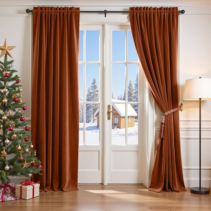 Lazzzy Velvet Blackout Curtains Thermal Insulated Room Window Drapes Super Soft Luxury Curtains for Living Room Bedroom Rod Pocket 2 Panels, Burnt Orange, 52" W x 102" L