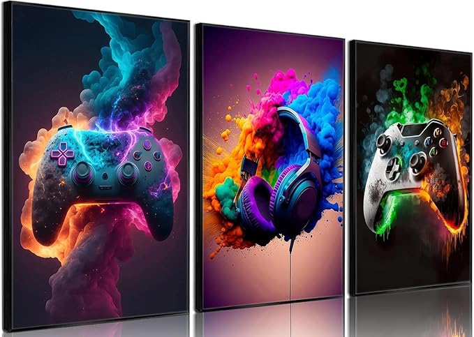 Gaming Room Decor - Wall Art Set of 3, Video Gaming Theme, Unframed 12x16in Canvas Posters for Teen Boys Room