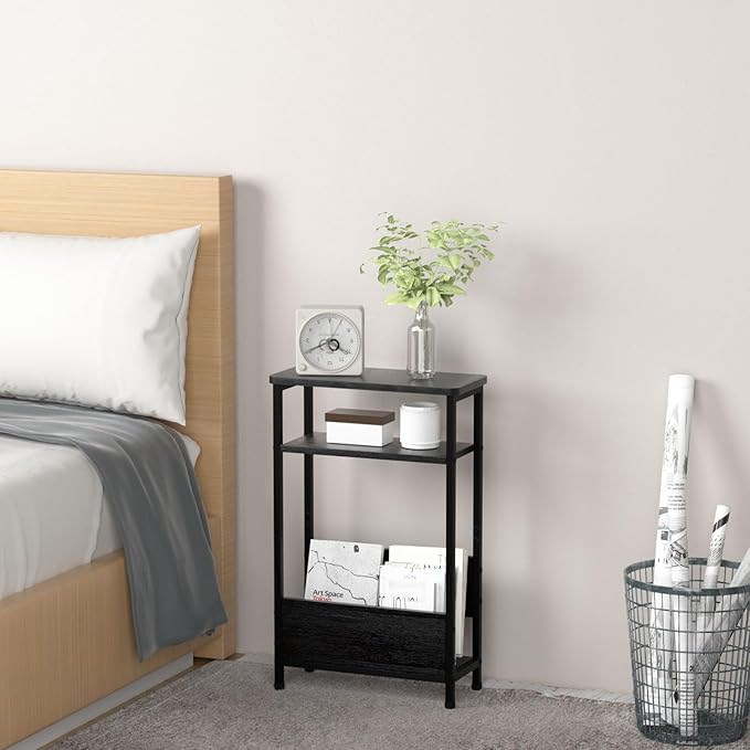 THUMEYE 7.1" Narrow Side Table for Small Spaces, 3 Tier Small End Table with Magazine Holder, Slim/Skinny Nightstand/Bedside Table for Living Room, Bedroom, 15.4" L x 24.2" H, Black